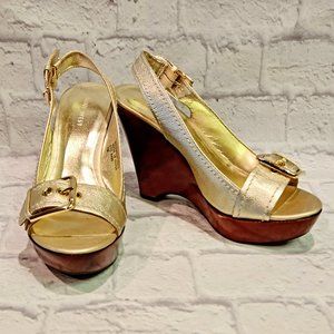 New NINE WEST Platform Wedge Leather Gold